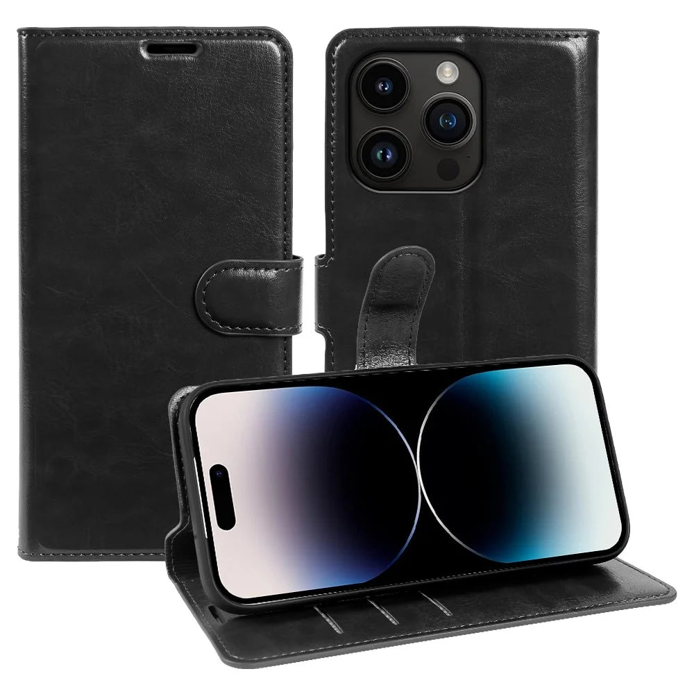 For iPhone 14 Pro Wallet Case Crazy Horse Texture Leather Flip Phone Cover with Magnetic Closure - Black - 1