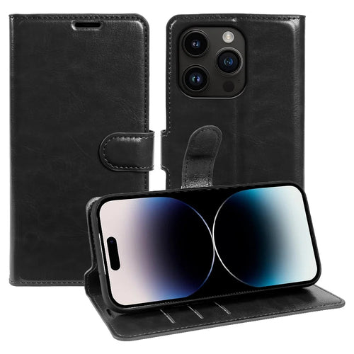 For iPhone 14 Pro Wallet Case Crazy Horse Texture Leather Flip Phone Cover with Magnetic Closure - Black - 1