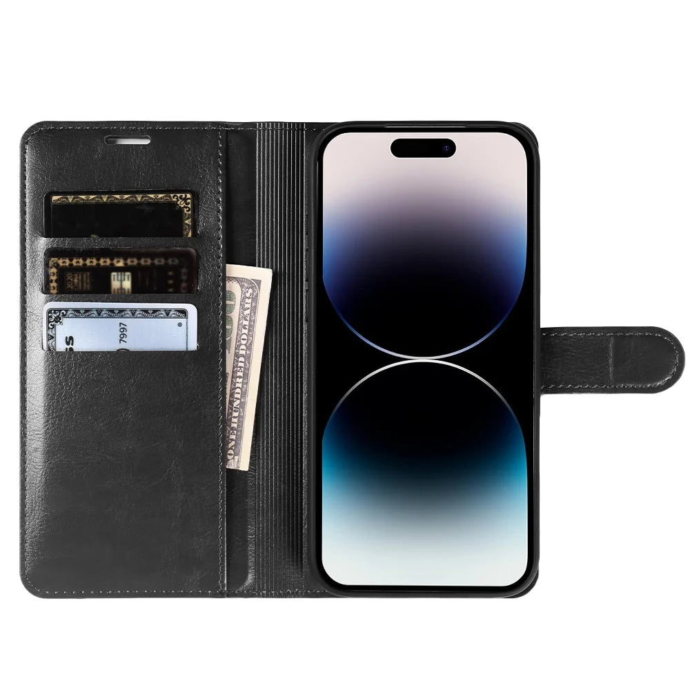 For iPhone 14 Pro Wallet Case Crazy Horse Texture Leather Flip Phone Cover with Magnetic Closure - Black - 2