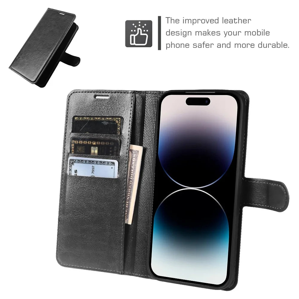 For iPhone 14 Pro Wallet Case Crazy Horse Texture Leather Flip Phone Cover with Magnetic Closure - Black - 3