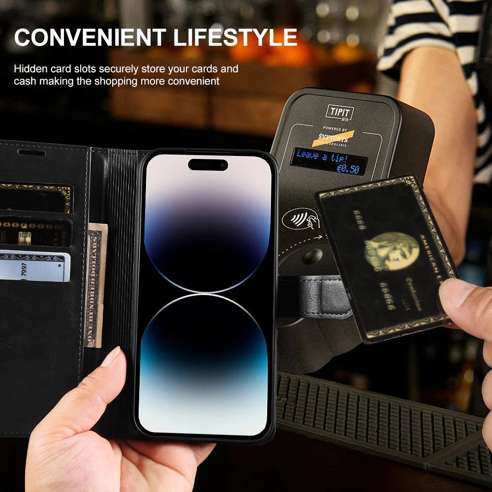 For iPhone 14 Pro Wallet Case Crazy Horse Texture Leather Flip Phone Cover with Magnetic Closure - Black - 4