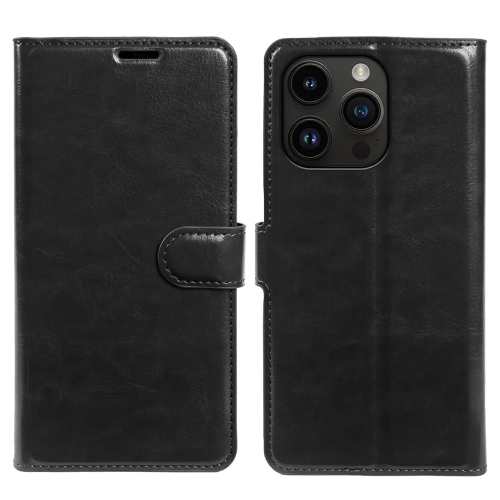 For iPhone 14 Pro Wallet Case Crazy Horse Texture Leather Flip Phone Cover with Magnetic Closure - Black - 5