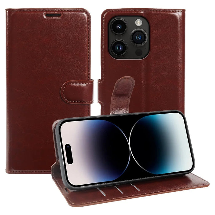 For iPhone 14 Pro Max Wallet Case Crazy Horse Texture Leather Flip Phone Cover with Magnetic Closure - Brown - 1