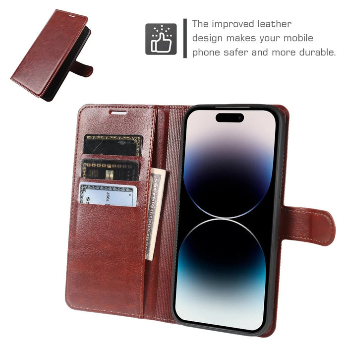 For iPhone 14 Pro Max Wallet Case Crazy Horse Texture Leather Flip Phone Cover with Magnetic Closure - Brown - 3
