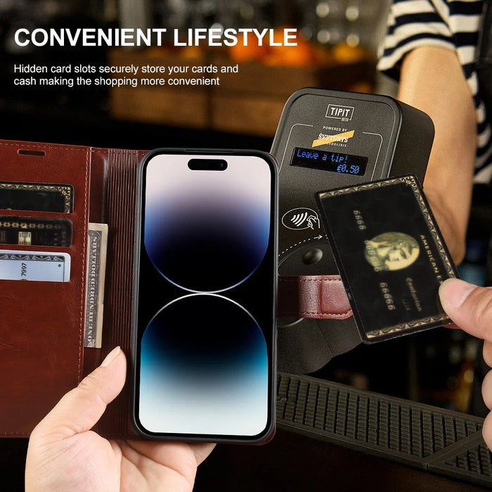 For iPhone 14 Pro Max Wallet Case Crazy Horse Texture Leather Flip Phone Cover with Magnetic Closure - Brown - 4