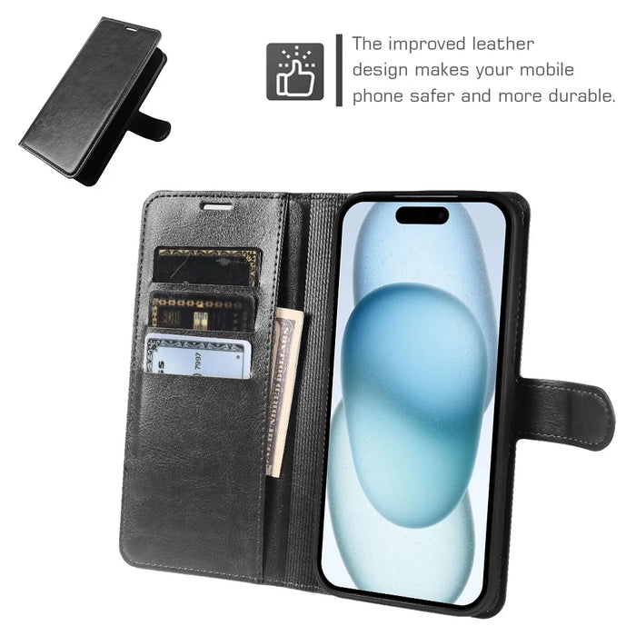 For iPhone 15 Wallet Case Crazy Horse Texture Leather Flip Phone Cover with Magnetic Closure - Black - 3