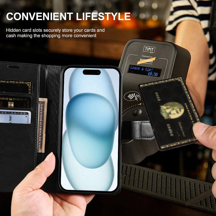 For iPhone 15 Wallet Case Crazy Horse Texture Leather Flip Phone Cover with Magnetic Closure - Black - 4