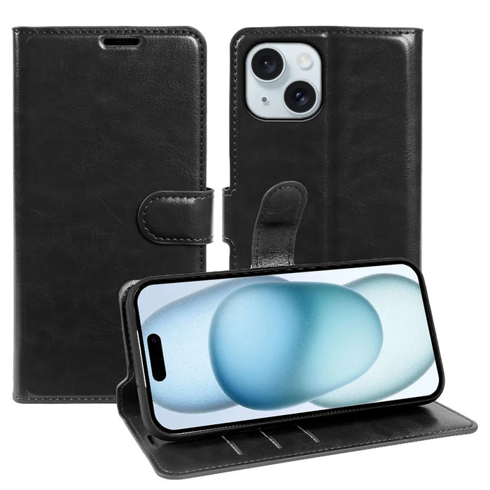 For iPhone 15 Plus Wallet Case Crazy Horse Texture Leather Flip Phone Cover with Magnetic Closure - Black - 1