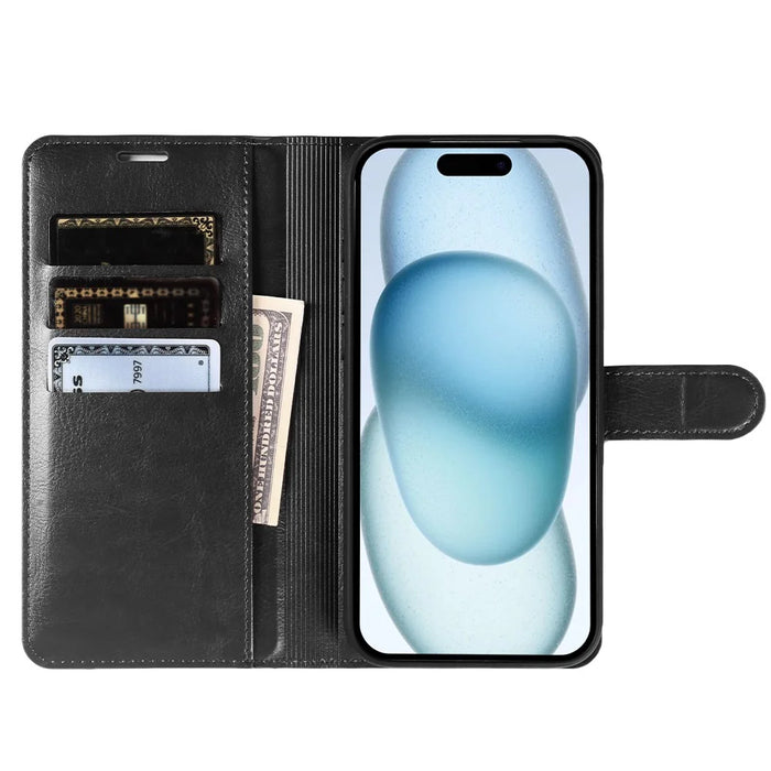 For iPhone 15 Plus Wallet Case Crazy Horse Texture Leather Flip Phone Cover with Magnetic Closure - Black - 2