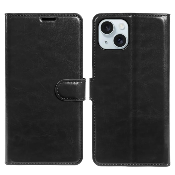 For iPhone 15 Plus Wallet Case Crazy Horse Texture Leather Flip Phone Cover with Magnetic Closure - Black - 5