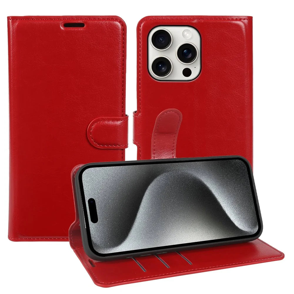 For iPhone 15 Pro Wallet Case Crazy Horse Texture Leather Flip Phone Cover with Magnetic Closure - Red - 1