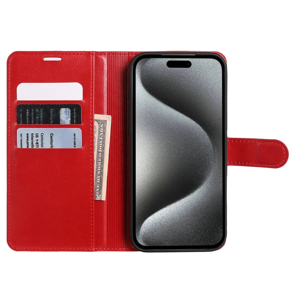 For iPhone 15 Pro Wallet Case Crazy Horse Texture Leather Flip Phone Cover with Magnetic Closure - Red - 2