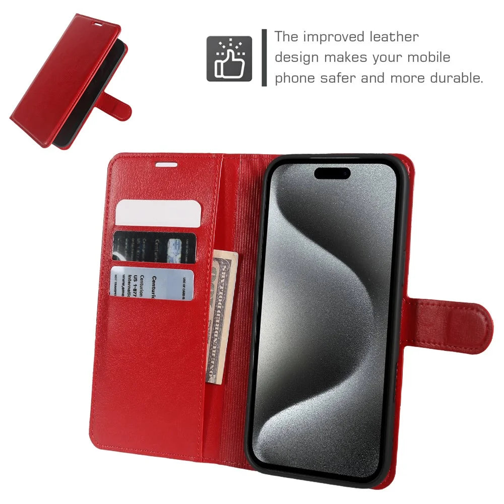 For iPhone 15 Pro Wallet Case Crazy Horse Texture Leather Flip Phone Cover with Magnetic Closure - Red - 3