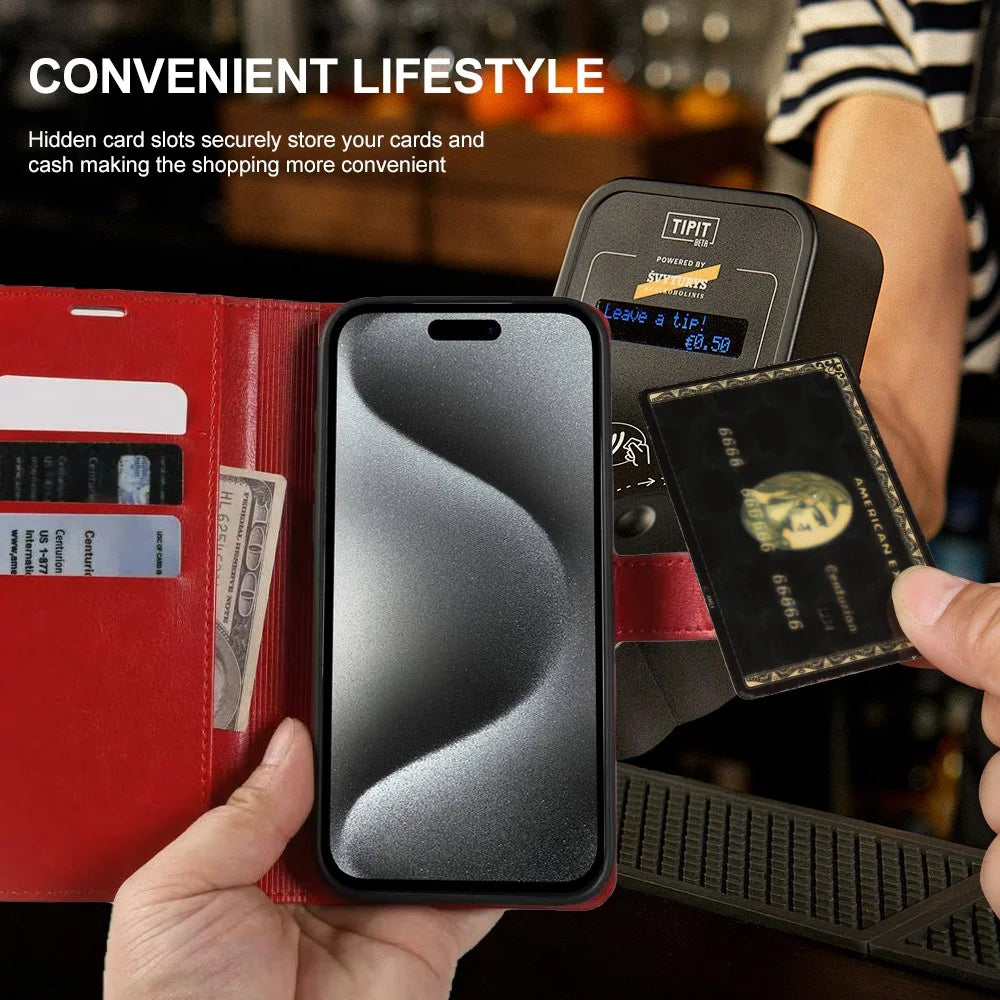 For iPhone 15 Pro Wallet Case Crazy Horse Texture Leather Flip Phone Cover with Magnetic Closure - Red - 4