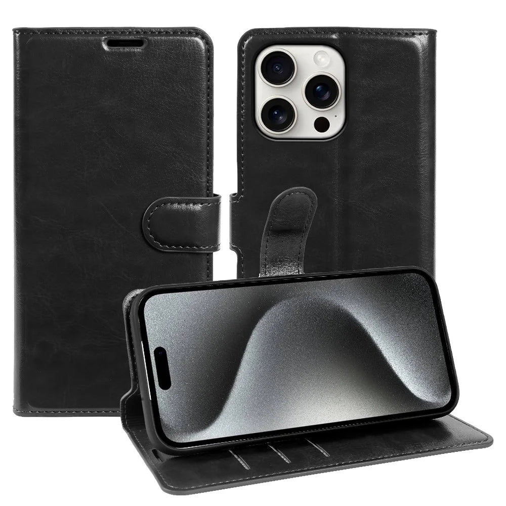 For iPhone 15 Pro Max Wallet Case Crazy Horse Texture Leather Flip Phone Cover with Magnetic Closure - Black - 1