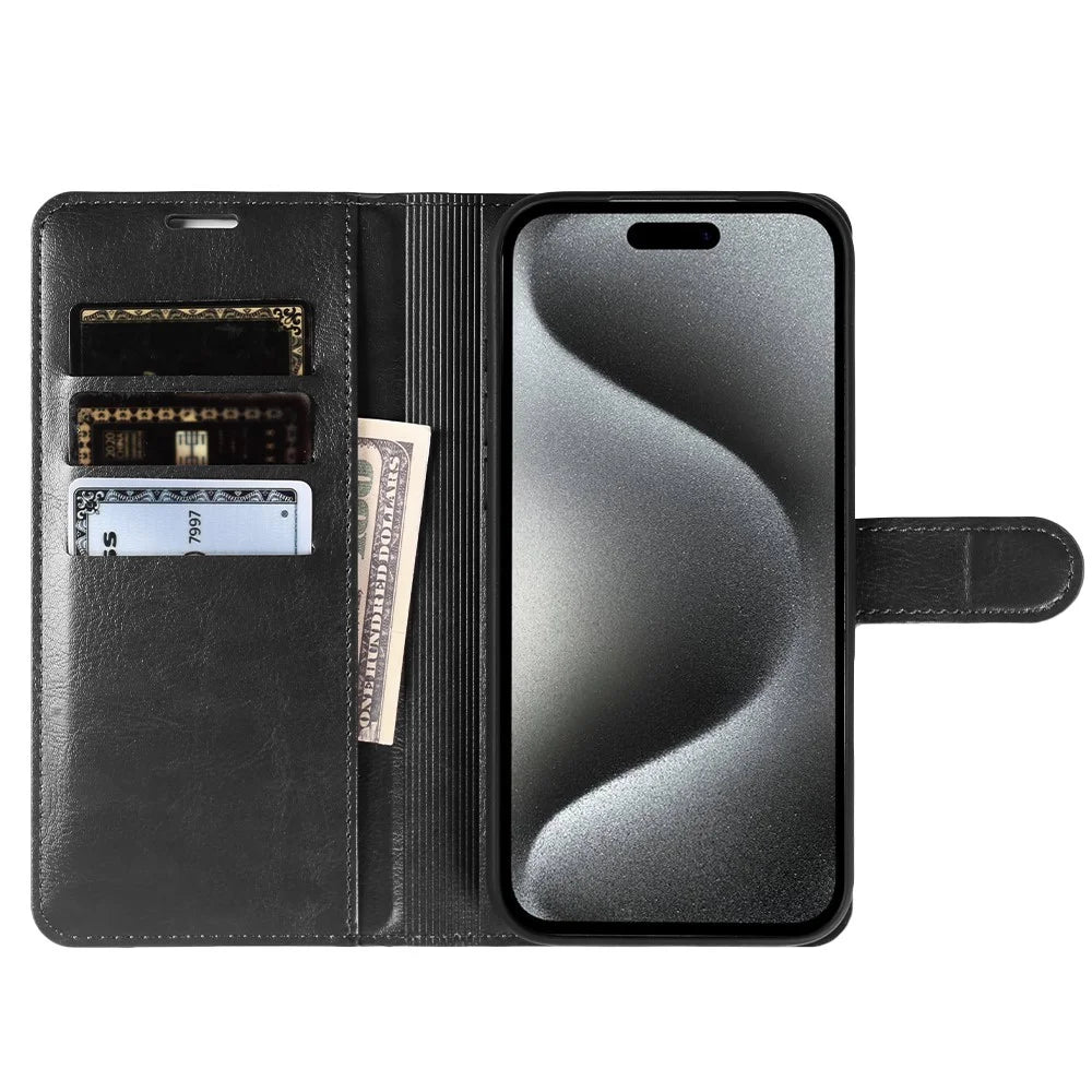 For iPhone 15 Pro Max Wallet Case Crazy Horse Texture Leather Flip Phone Cover with Magnetic Closure - Black - 2