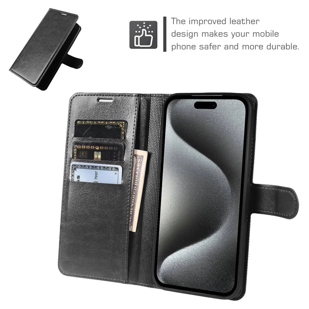 For iPhone 15 Pro Max Wallet Case Crazy Horse Texture Leather Flip Phone Cover with Magnetic Closure - Black - 3