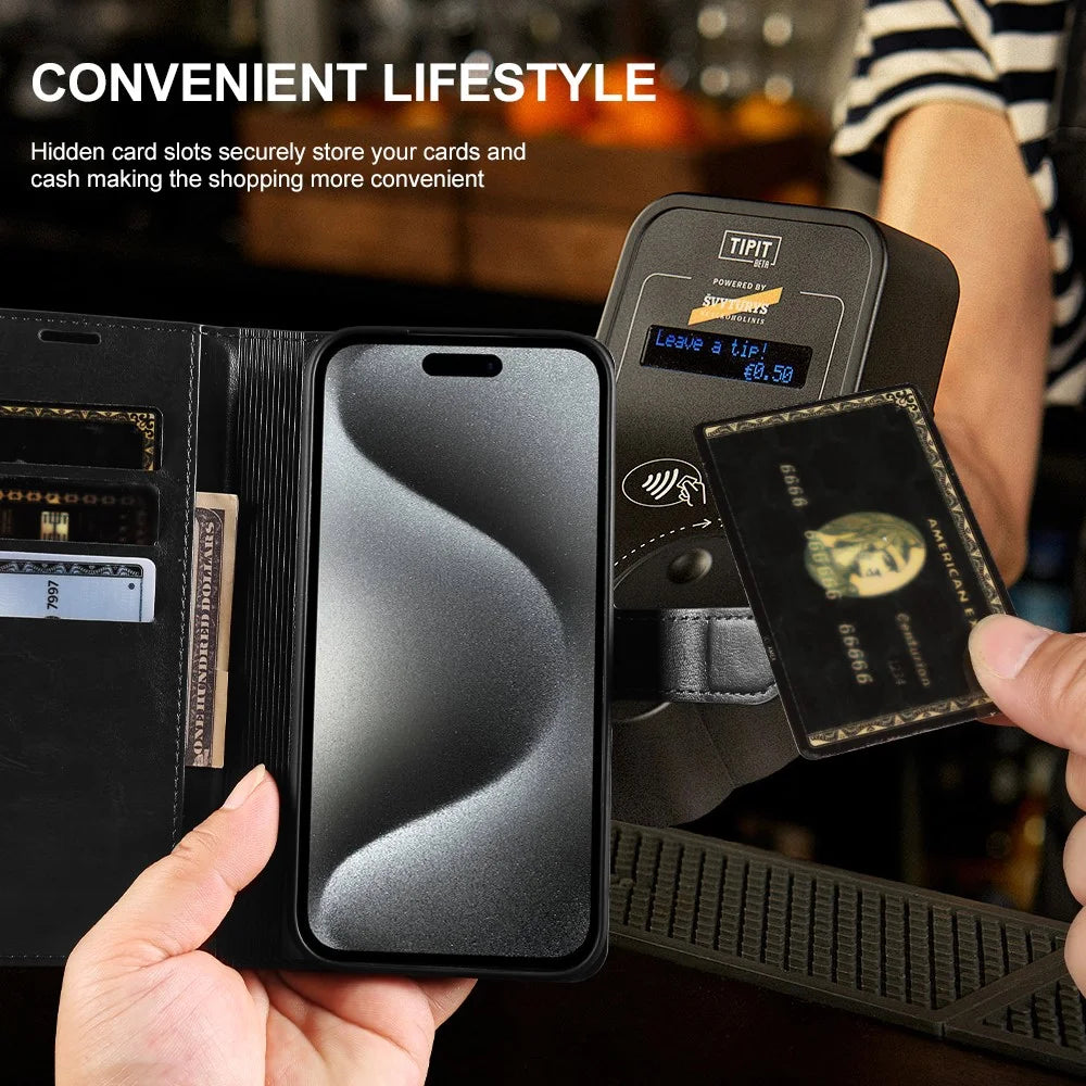 For iPhone 15 Pro Max Wallet Case Crazy Horse Texture Leather Flip Phone Cover with Magnetic Closure - Black - 4