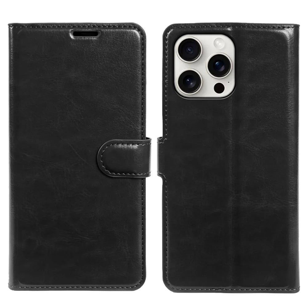 For iPhone 15 Pro Max Wallet Case Crazy Horse Texture Leather Flip Phone Cover with Magnetic Closure - Black - 5
