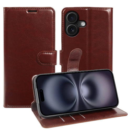 For iPhone 16 Wallet Case Crazy Horse Texture Leather Flip Phone Cover with Magnetic Closure - Brown - 1