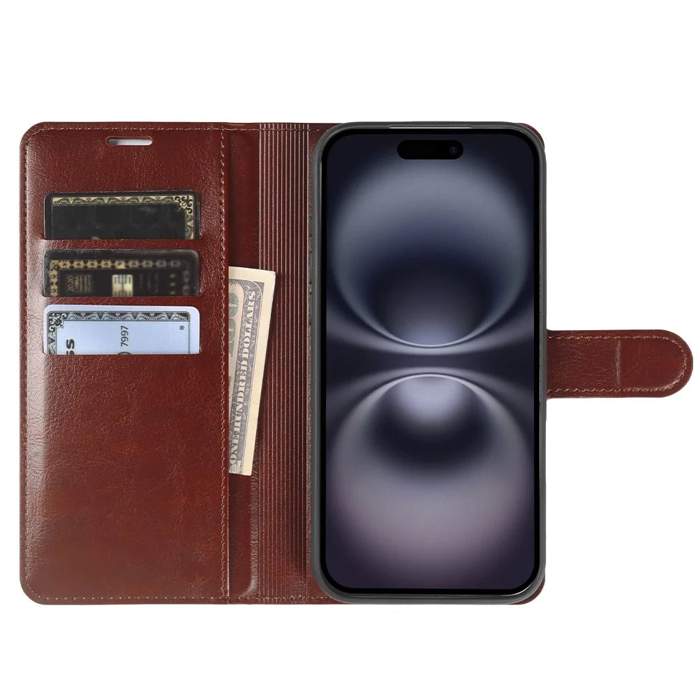 For iPhone 16 Wallet Case Crazy Horse Texture Leather Flip Phone Cover with Magnetic Closure - Brown - 2