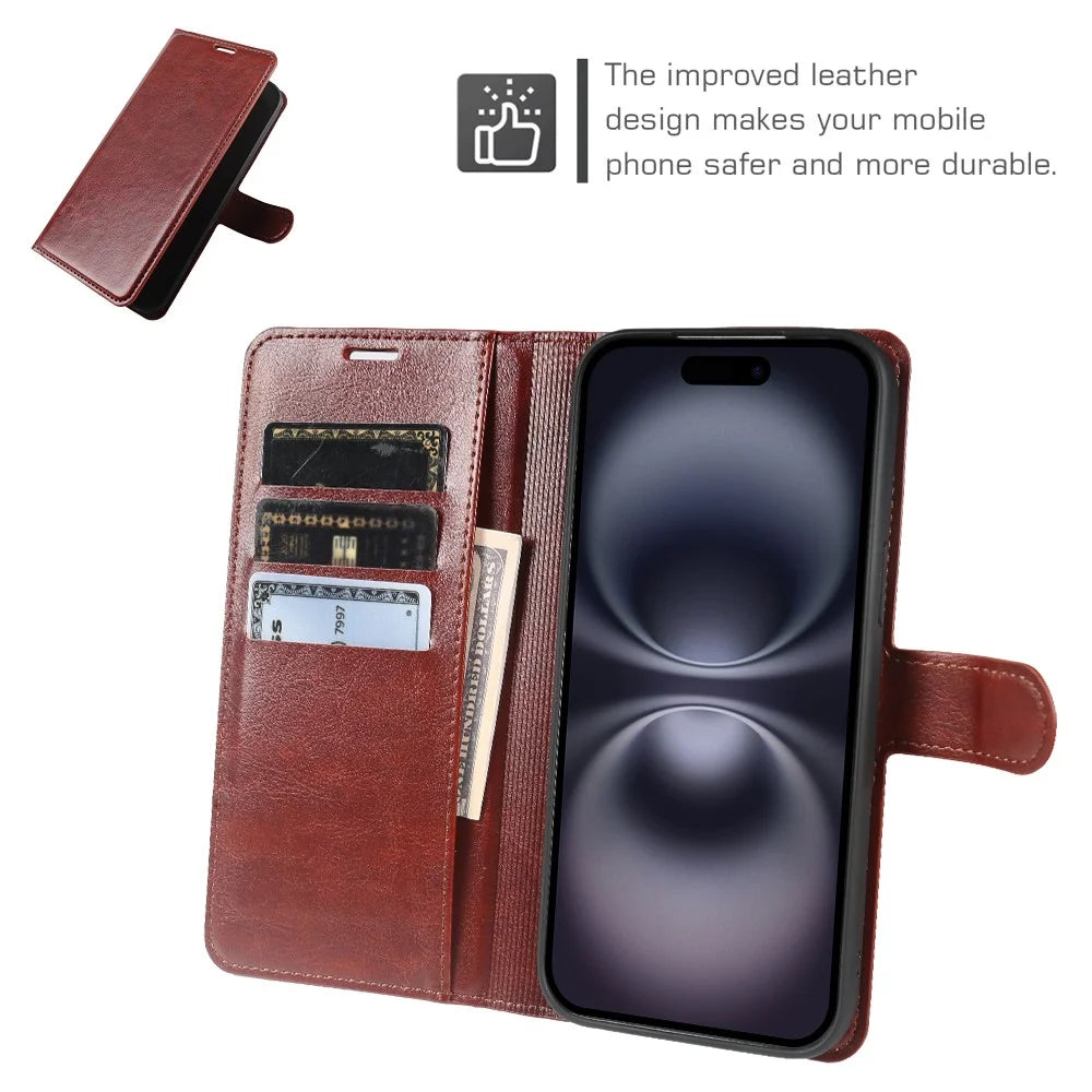 For iPhone 16 Wallet Case Crazy Horse Texture Leather Flip Phone Cover with Magnetic Closure - Brown - 3