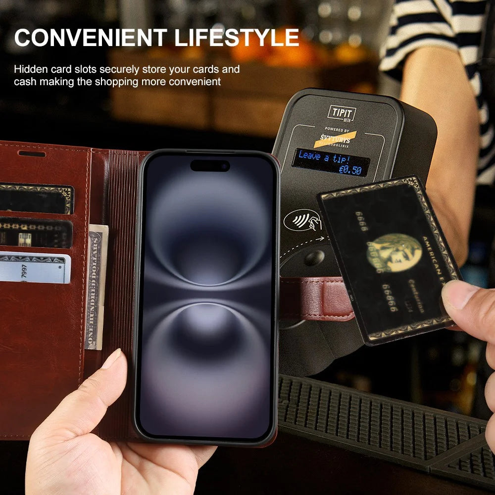 For iPhone 16 Wallet Case Crazy Horse Texture Leather Flip Phone Cover with Magnetic Closure - Brown - 4