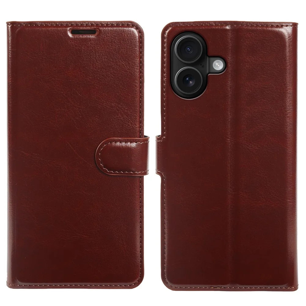 For iPhone 16 Wallet Case Crazy Horse Texture Leather Flip Phone Cover with Magnetic Closure - Brown - 5
