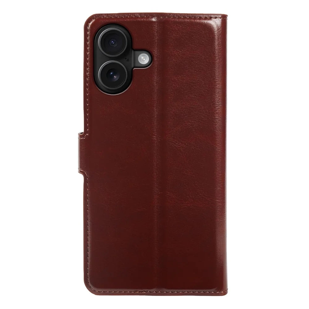 For iPhone 16 Wallet Case Crazy Horse Texture Leather Flip Phone Cover with Magnetic Closure - Brown - 7