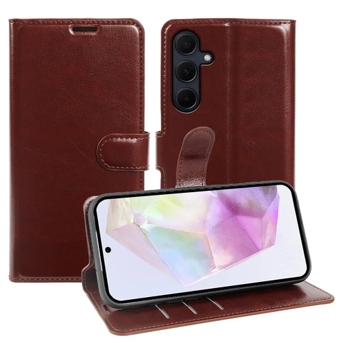 For Samsung Galaxy A35 5G Wallet Case Crazy Horse Texture Leather Flip Phone Cover with Magnetic Closure - Brown - 1