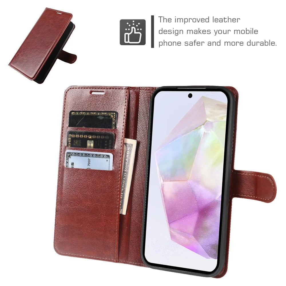 For Samsung Galaxy A35 5G Wallet Case Crazy Horse Texture Leather Flip Phone Cover with Magnetic Closure - Brown - 3