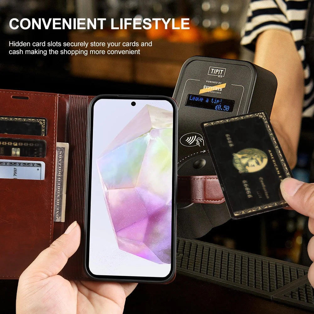 For Samsung Galaxy A35 5G Wallet Case Crazy Horse Texture Leather Flip Phone Cover with Magnetic Closure - Brown - 4