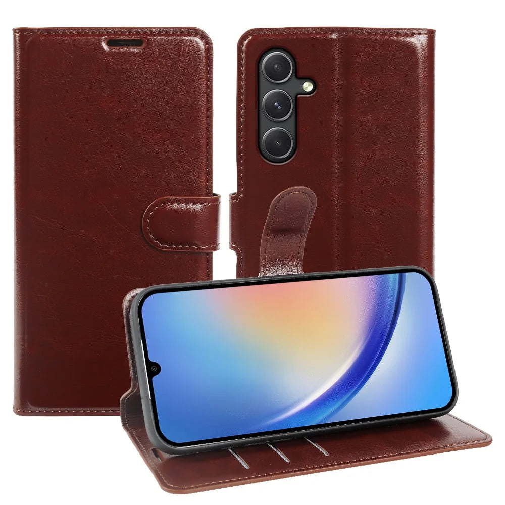 For Samsung Galaxy A34 5G Wallet Case Crazy Horse Texture Leather Flip Phone Cover with Magnetic Closure - Brown - 1