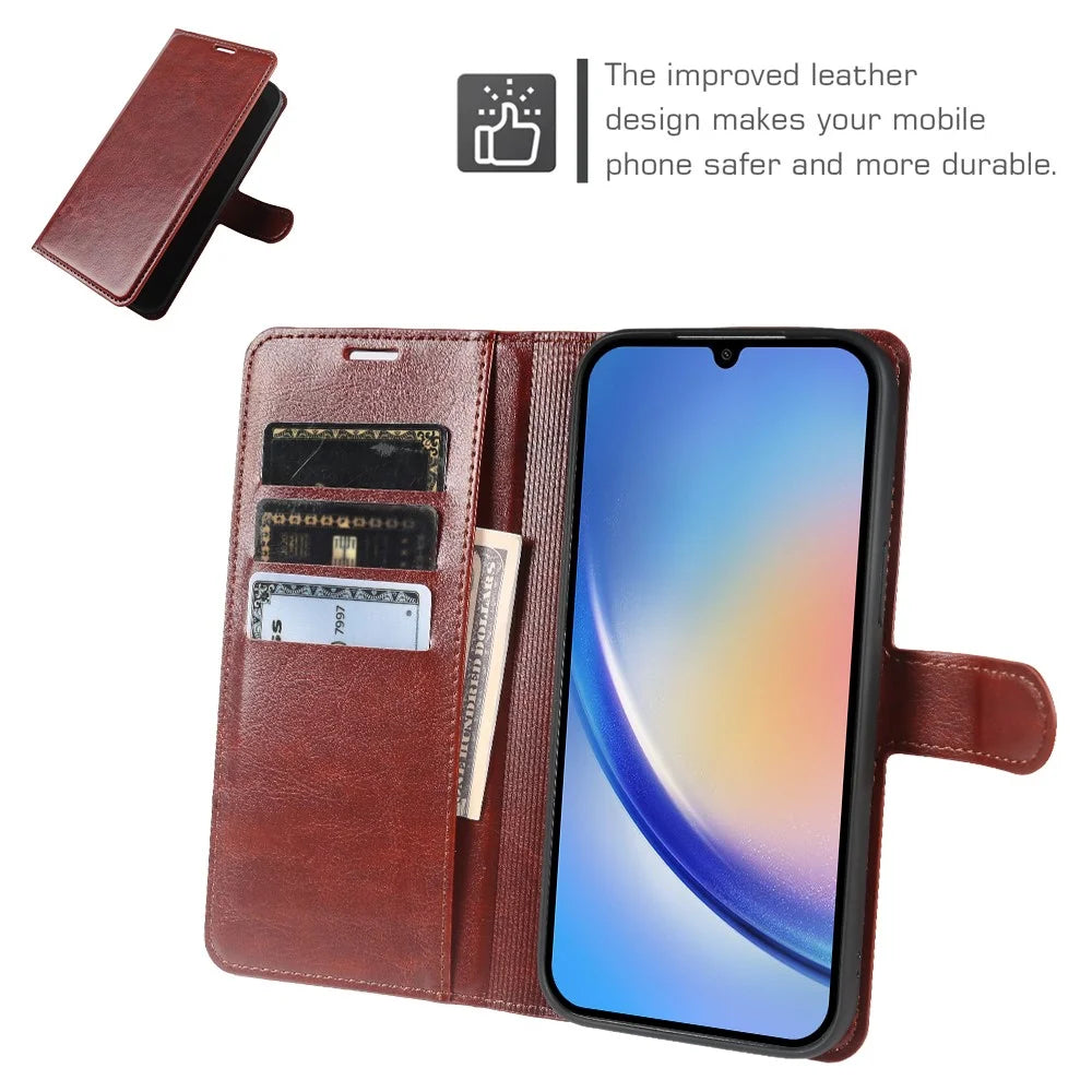For Samsung Galaxy A34 5G Wallet Case Crazy Horse Texture Leather Flip Phone Cover with Magnetic Closure - Brown - 3