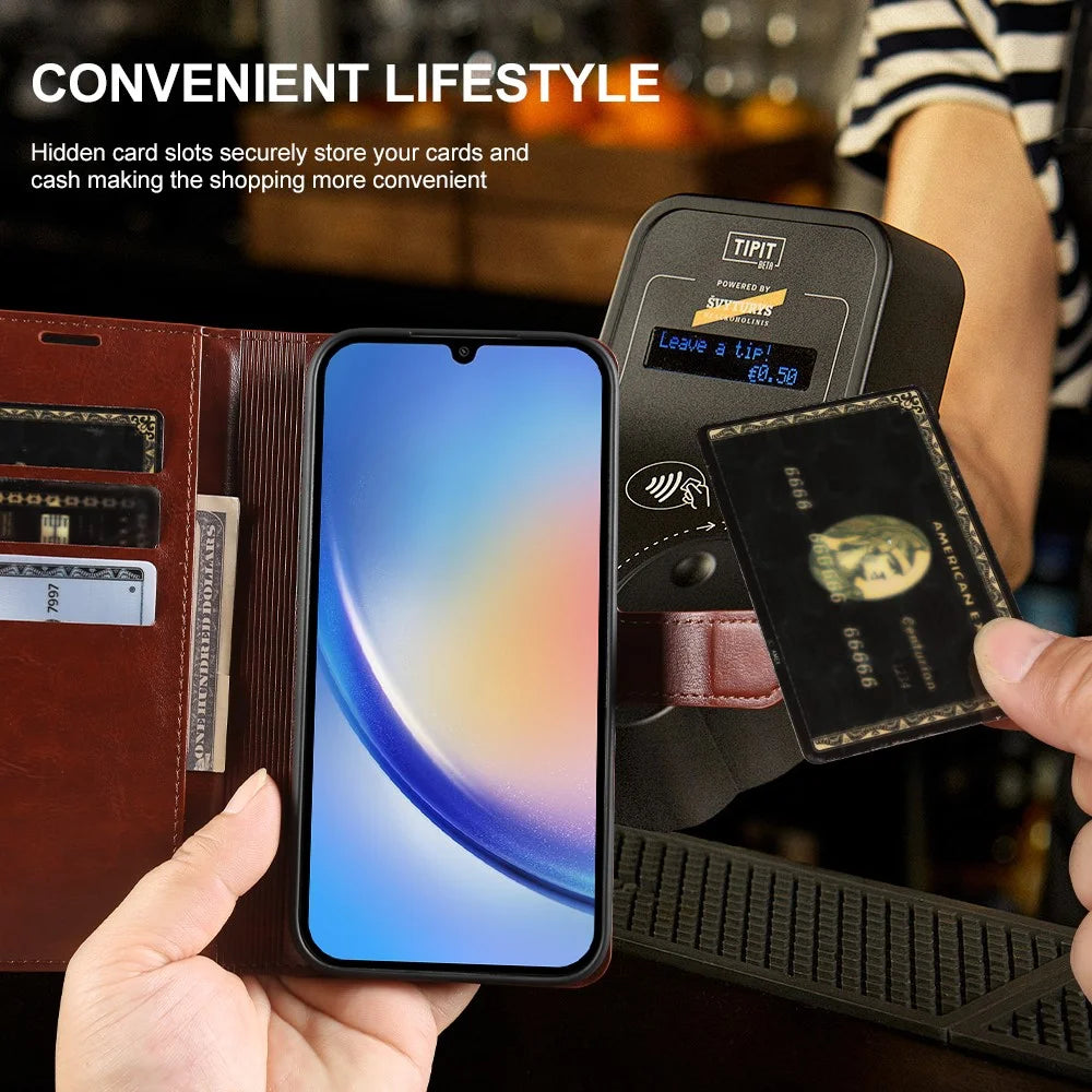 For Samsung Galaxy A34 5G Wallet Case Crazy Horse Texture Leather Flip Phone Cover with Magnetic Closure - Brown - 4
