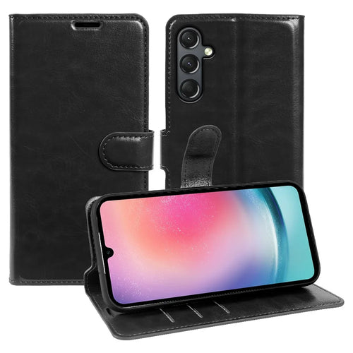 For Samsung Galaxy A24 5G Wallet Case Crazy Horse Texture Leather Flip Phone Cover with Magnetic Closure - Black - 1