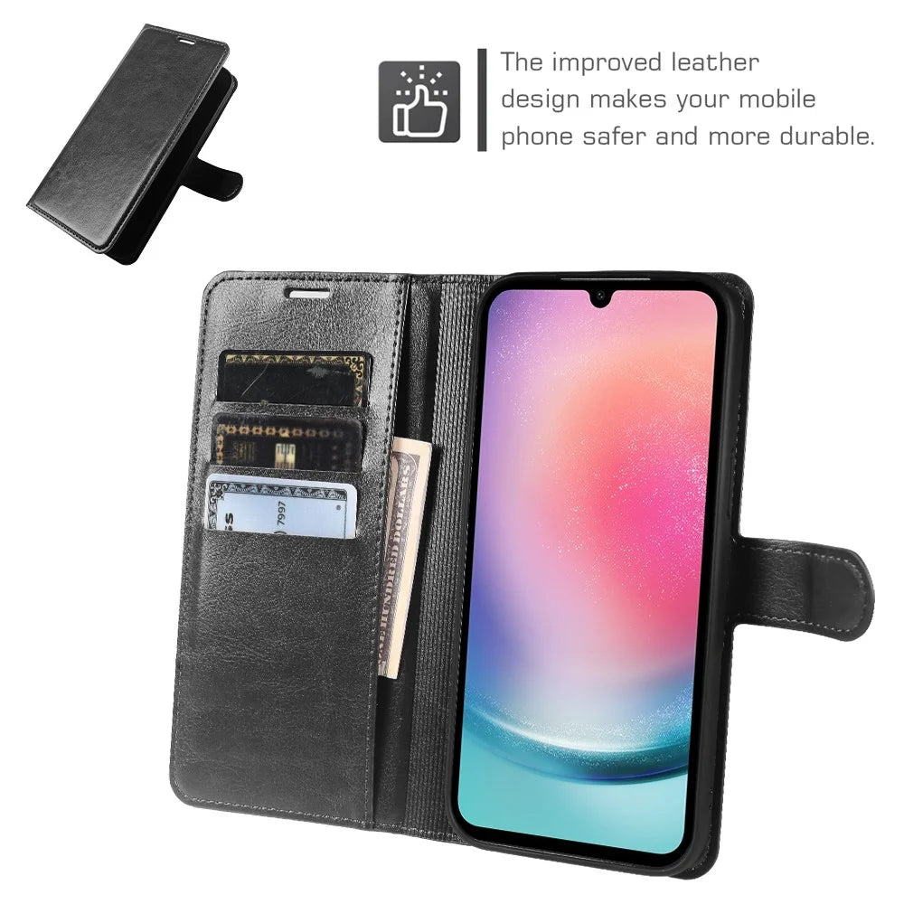 For Samsung Galaxy A24 5G Wallet Case Crazy Horse Texture Leather Flip Phone Cover with Magnetic Closure - Black - 3