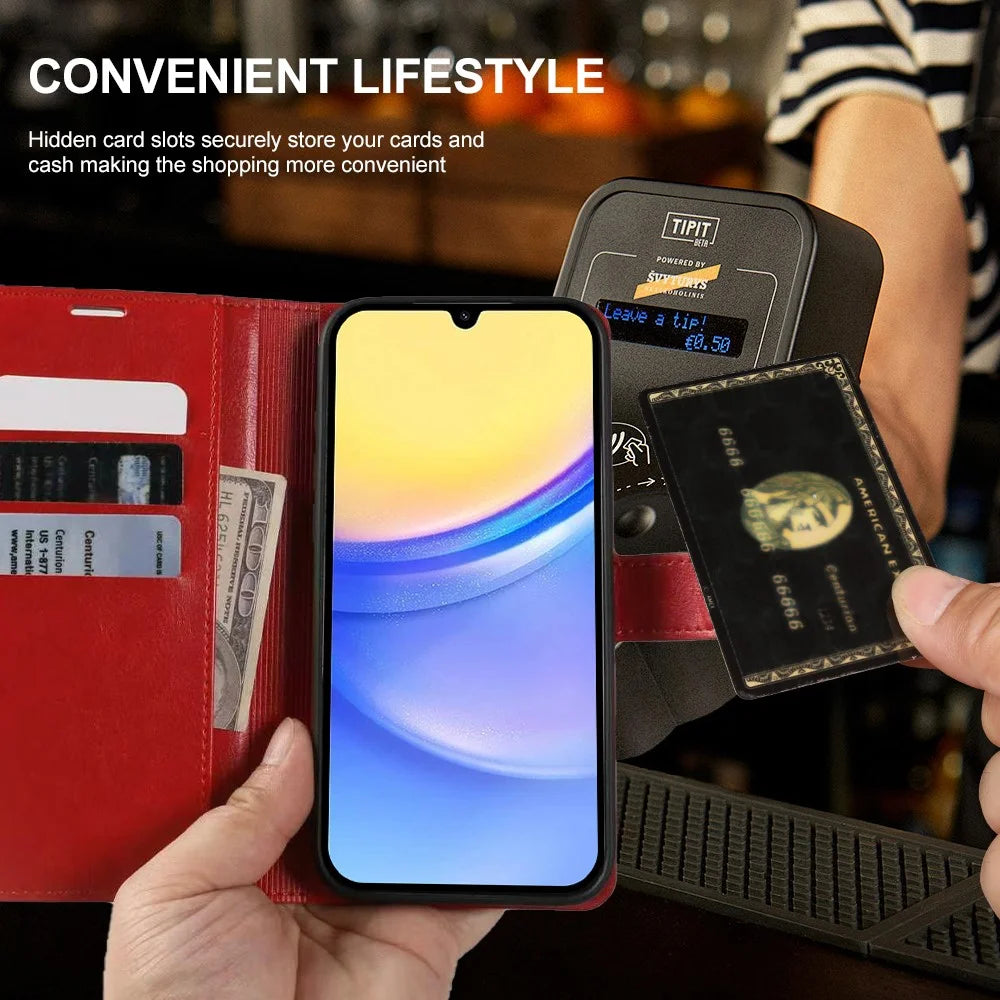 For Samsung Galaxy A15 4G  /  A15 5G Wallet Case Crazy Horse Texture Leather Flip Phone Cover with Magnetic Closure - Red - 4