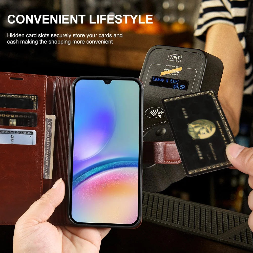 For Samsung Galaxy A05s 4G Wallet Case Crazy Horse Texture Leather Flip Phone Cover with Magnetic Closure - Brown - 3