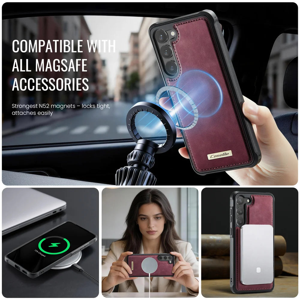 CaseMe For Samsung Galaxy S23 C69 Series Magnetic Case Leather Coated TPU Phone Cover - Red - 5
