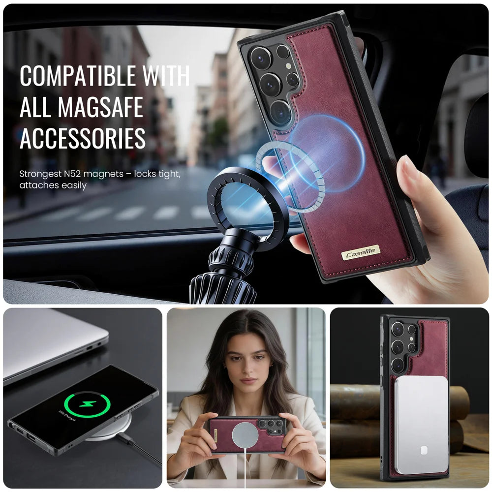 CaseMe For Samsung Galaxy S23 Ultra C69 Series Magnetic Case Leather Coated TPU Phone Cover - Red - 5