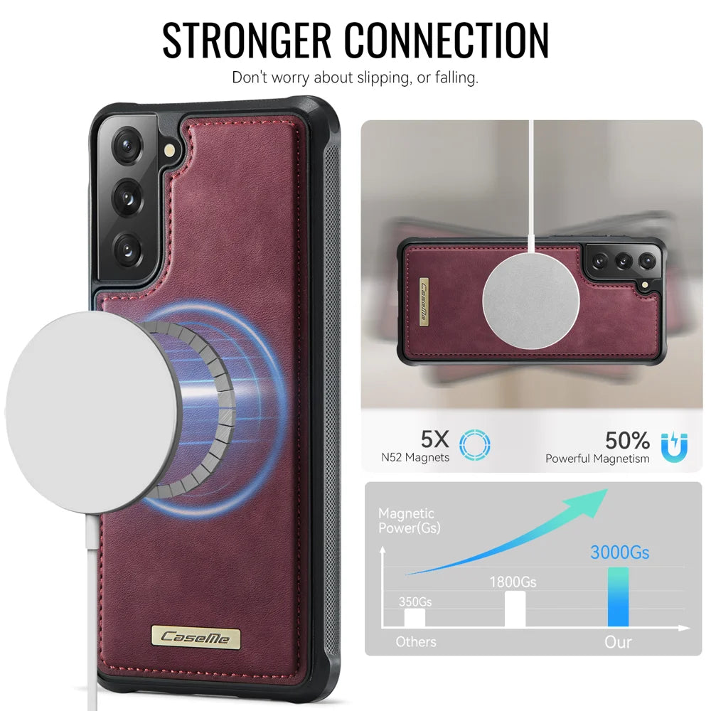 CaseMe For Samsung Galaxy S22 5G C69 Series Magnetic Case Leather Coated TPU Phone Cover - Red - 2