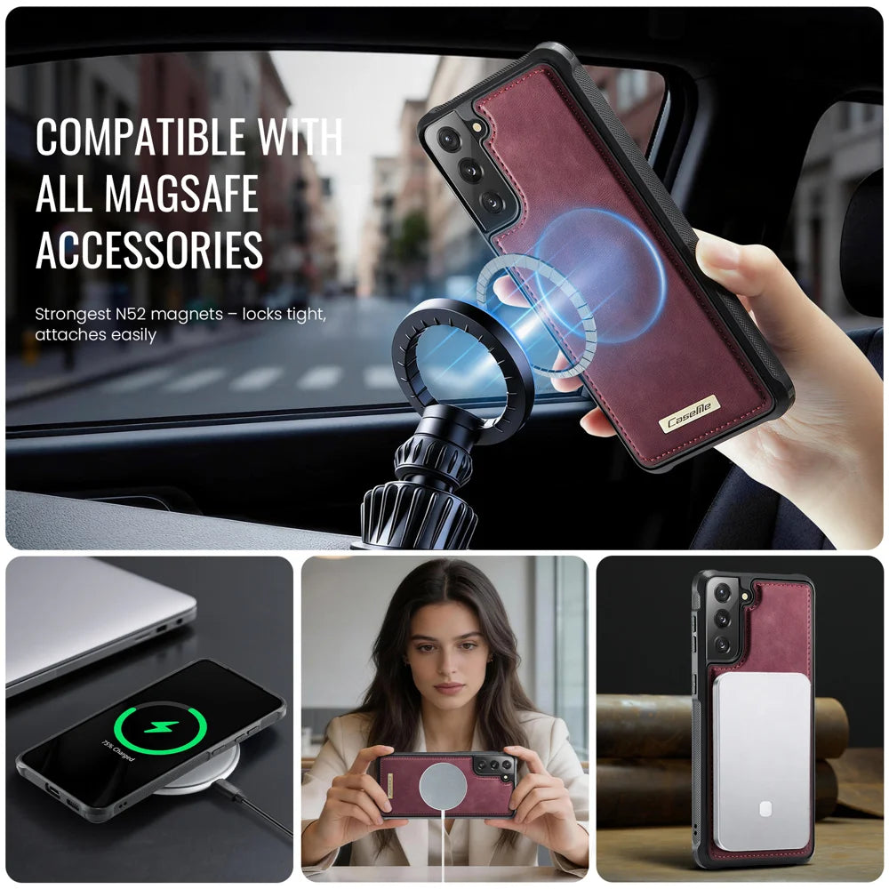CaseMe For Samsung Galaxy S22+ 5G C69 Series Magnetic Case Leather Coated TPU Phone Cover - Red - 5