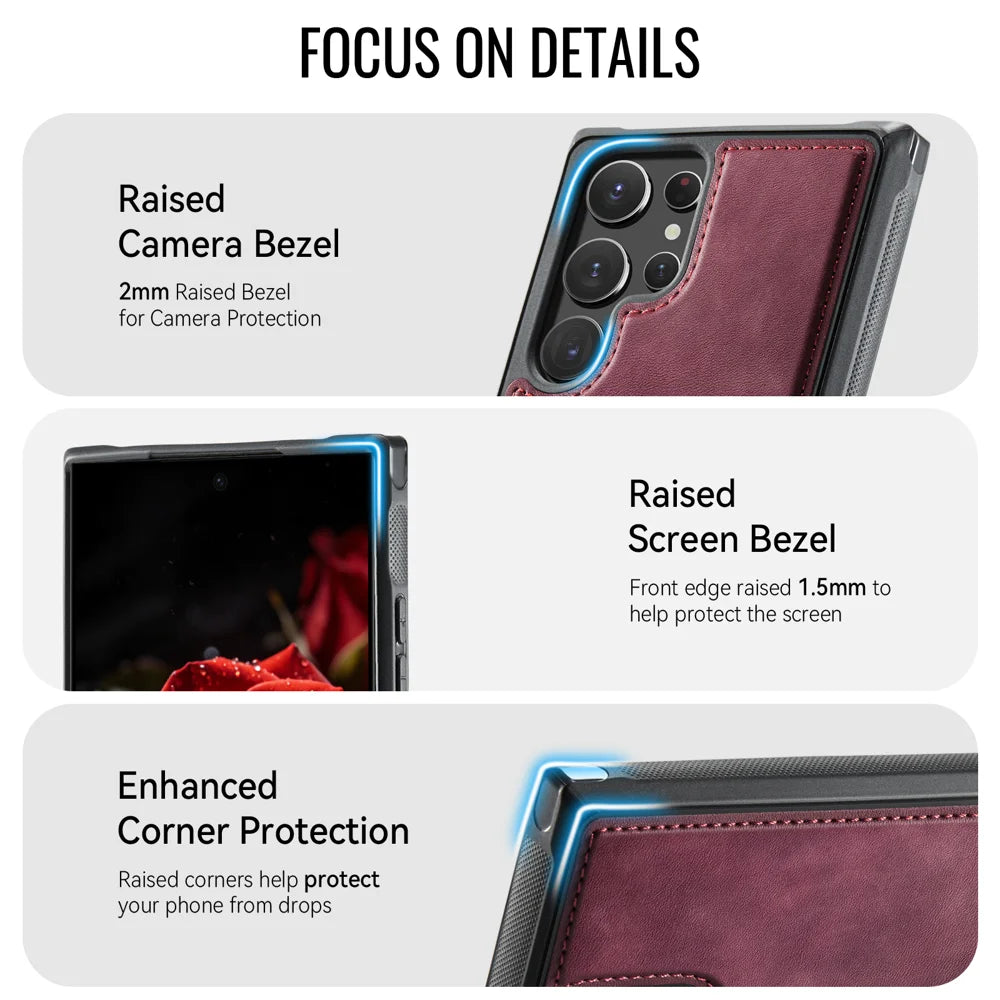CaseMe For Samsung Galaxy S22 Ultra 5G C69 Series Magnetic Case Leather Coated TPU Phone Cover - Red - 4