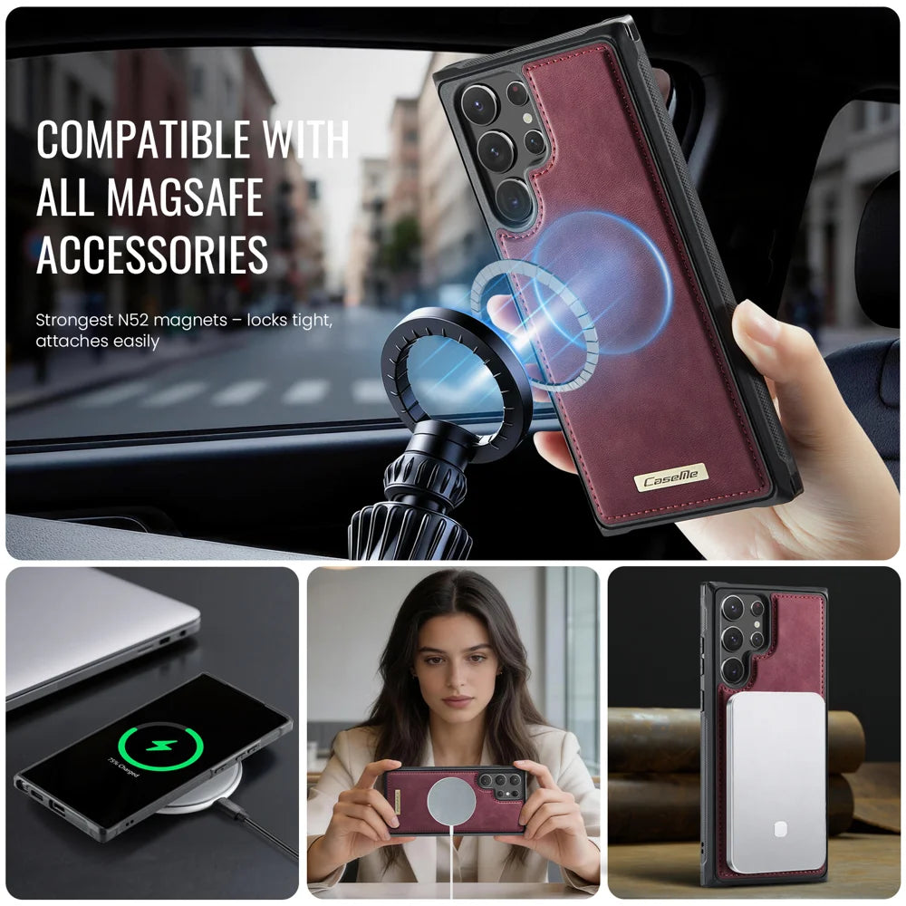 CaseMe For Samsung Galaxy S22 Ultra 5G C69 Series Magnetic Case Leather Coated TPU Phone Cover - Red - 5
