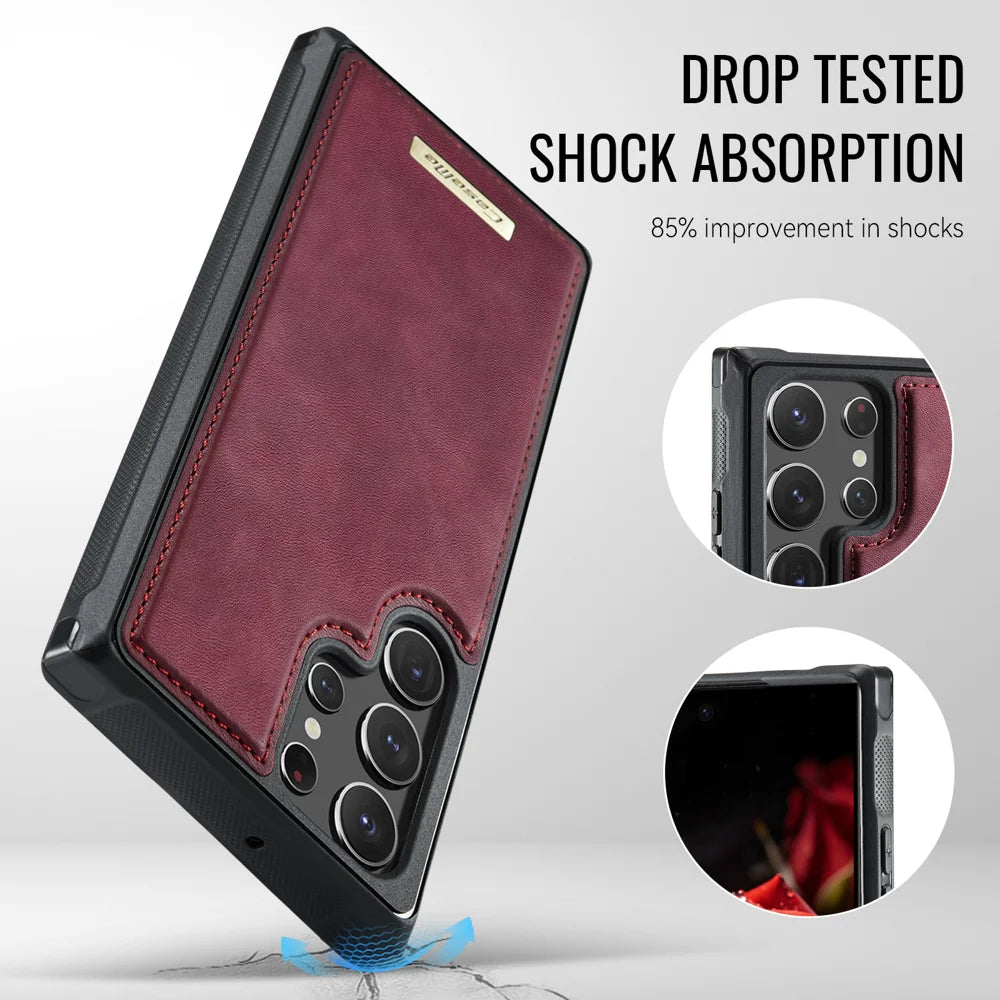 CaseMe For Samsung Galaxy S22 Ultra 5G C69 Series Magnetic Case Leather Coated TPU Phone Cover - Red - 6