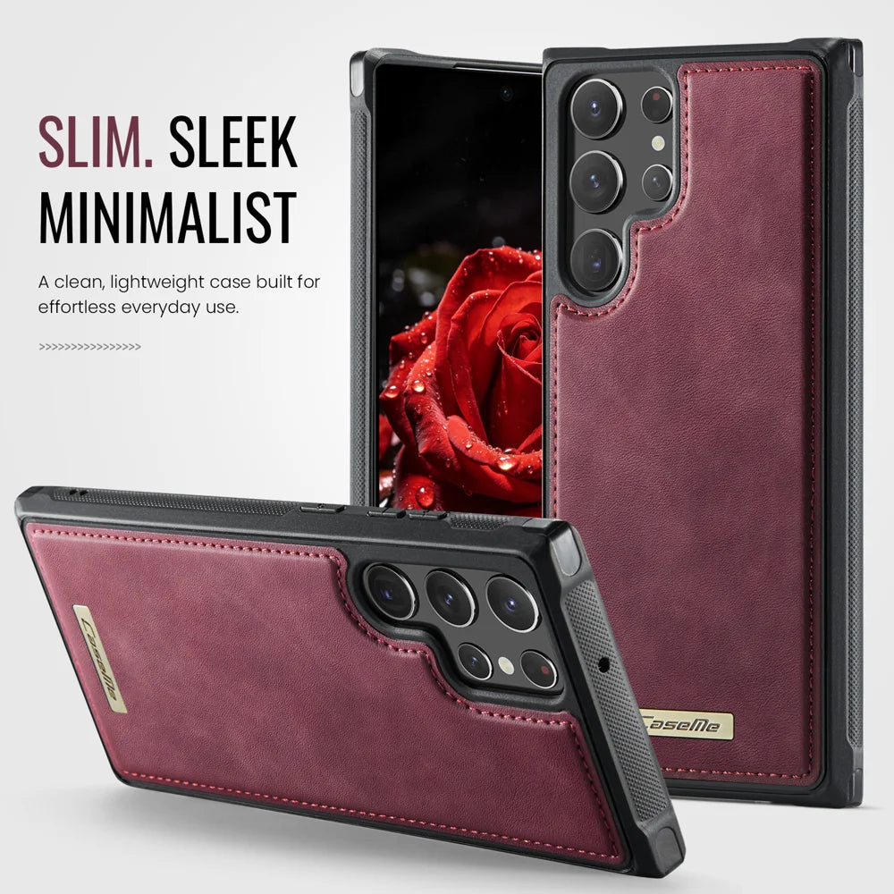 CaseMe For Samsung Galaxy S22 Ultra 5G C69 Series Magnetic Case Leather Coated TPU Phone Cover - Red - 7