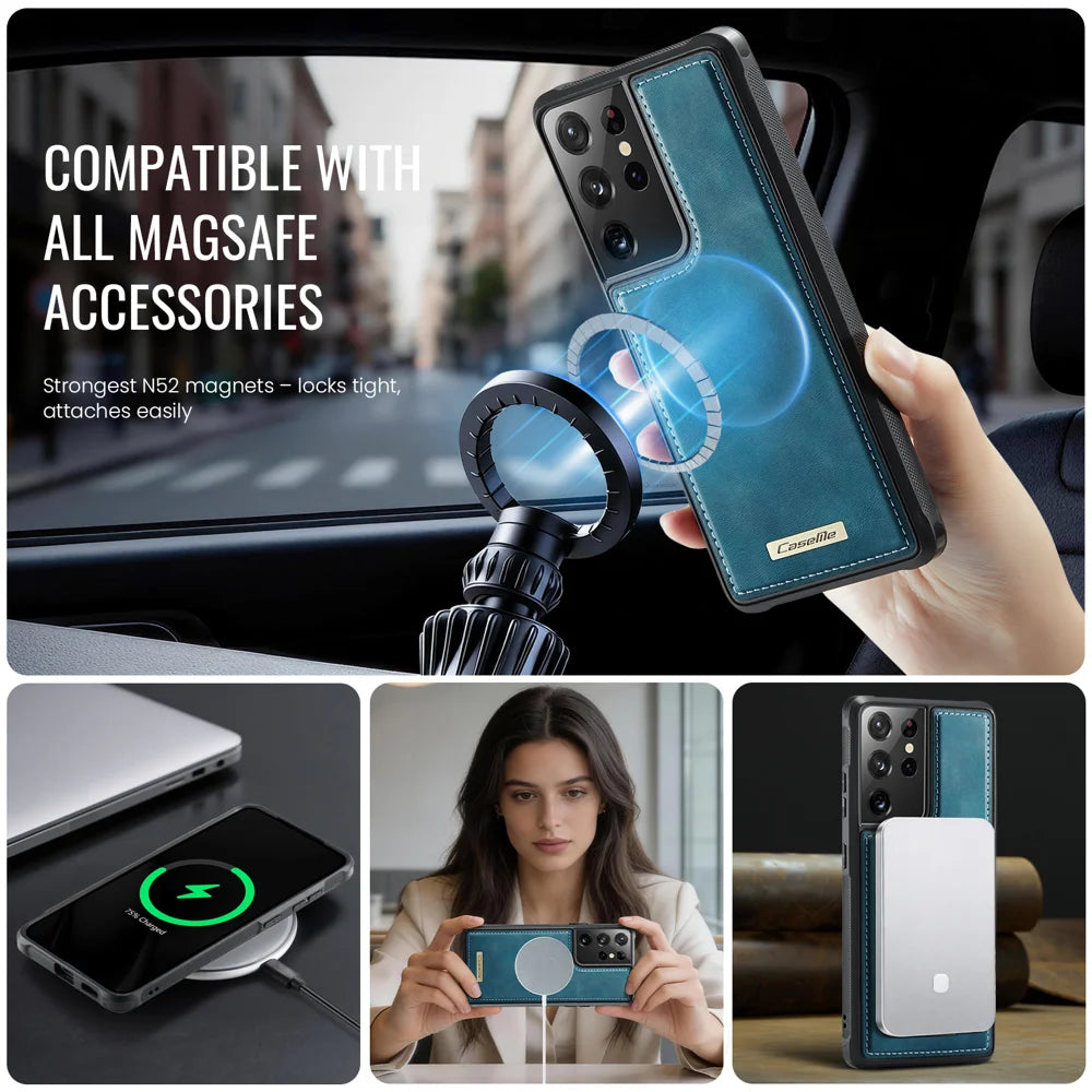 CaseMe For Samsung Galaxy S21 Ultra 5G C69 Series Magnetic Case Leather Coated TPU Phone Cover - Green - 5