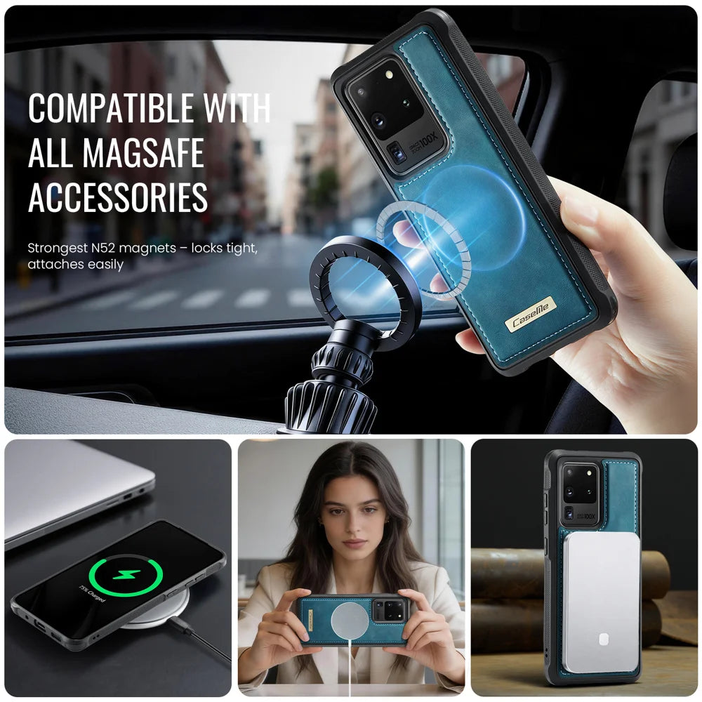 CaseMe For Samsung Galaxy S20 Ultra C69 Series Magnetic Case Leather Coated TPU Phone Cover - Green - 5