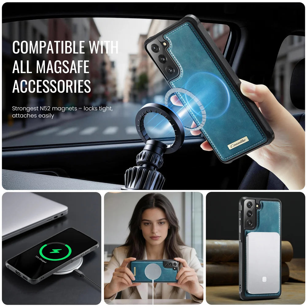 CaseMe For Samsung Galaxy S21 4G / Galaxy S21 5G C69 Series Magnetic Case Leather Coated TPU Phone Cover - Green - 5